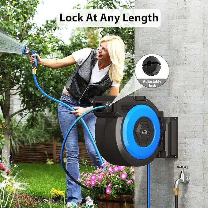 Retractable Garden Hose Reel, 5/8" x 90FT Automatic Retractable Water Hose Reel Wall Mount, with 10- Function Sprayer Nozzle, Any Length Lock/Auto Rewind/180°Swivel by GreenHaven Gardens