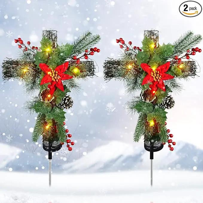 2 Pack Christmas Decorations Outdoor Solar Cross Stake Lights for Christmas Decor, IP65 Waterproof, Auto On/Off Cross Light Grave Decorations with 10 LEDs & Pinecones for Garden Yard Lawn Cemetery by GreenHaven Gardens