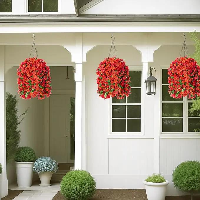 Artificial Hanging Flowers in 12 inch Basket, Fake Fall Plant Silk Orchid Flower Arrangement with Hanging Basket Daisy Planter for Patio Garden Porch Deck Summer Autumn Yard Decoration(Red Orange) by GreenHaven Gardens