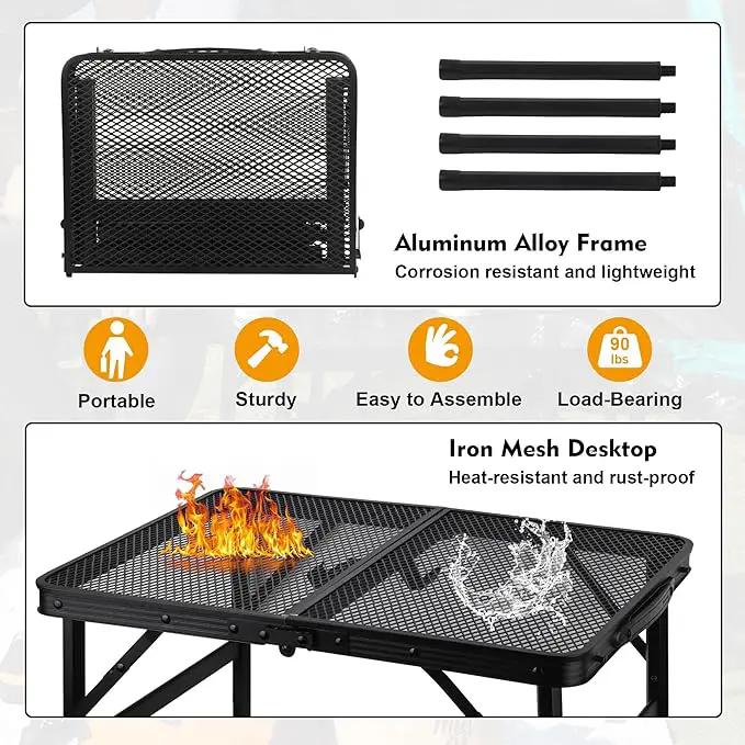 Camping Table with Mesh Desktop, Lightweight & Portable Small Folding Grill Table, Height Adjustable Metal Outdoor Table for Camp, Cooking, BBQ, RV, Picnic-2 FT Black by GreenHaven Gardens