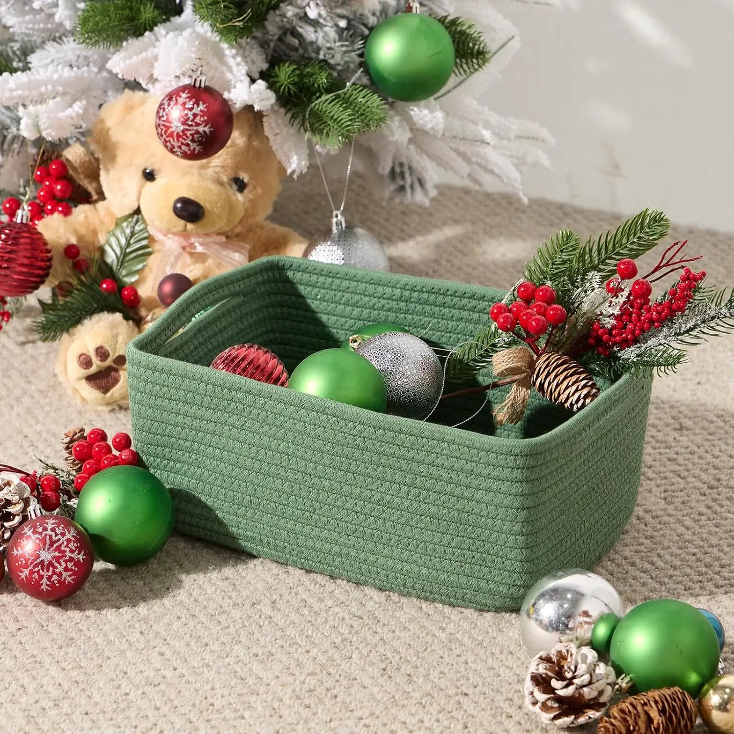 Small Storage Baskets for Organizing | Closet Organizer Bins | Shelf Toy Basket | Woven Rope Baskets | Cube Decorative Box | Shallow Basket | 13x8.5x5.1” | 3 Packs Green by GreenHaven Gardens