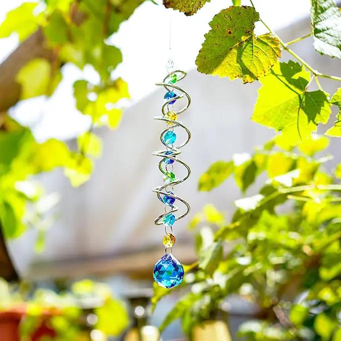 H&D HYALINE & DORA 17.7inch Gazing Ball Spiral Tail,Decorative Wind Spinner Sun Catcher,Rainbow Maker Double-Spiral W/Sea Blue Crystal Ball and Chain,Glass Crystals for Indoor Outdoor Decoration by GreenHaven Gardens