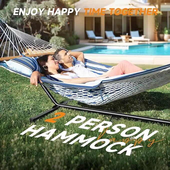 2 Person Outdoor Hammock with Stand, Cotton Rope Hammock with Polyester Pad, Adjustable Steel Frame, Portable with Carrying Bag – for Patio, Backyard, Garden, Beach, Blue by GreenHaven Gardens