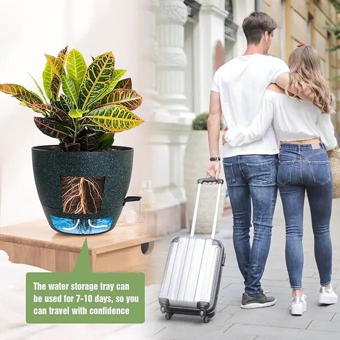 Large Self Watering Pots, 12/10/9 Plastic Planters with High Drainage Holes and Deep Reservoir for Indoor Outdoor Garden Plants and Flowers, Black with Green Speckles by GreenHaven Gardens