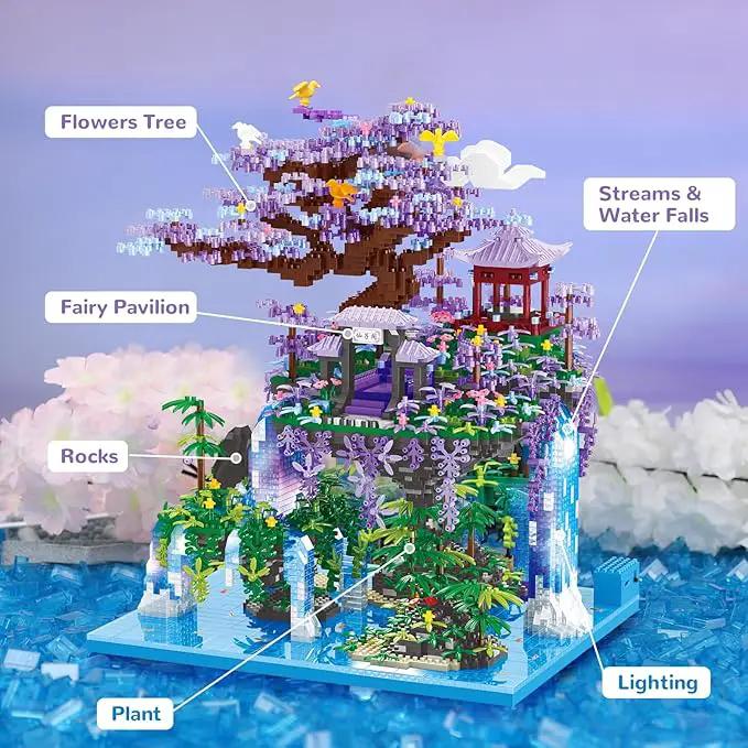 Chinese Moon Palace Pavilion Building Blocks Set - Micro Miniature Bonsai Tree House with String Lights and Flowers for Adults and Kids (4574 Pieces) by GreenHaven Gardens