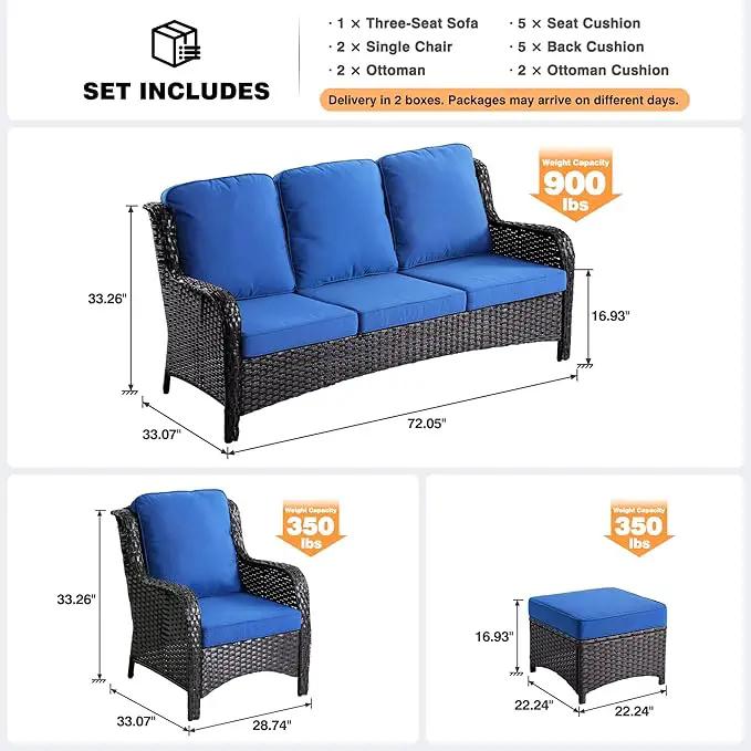 ovios 7 Pieces Patio Furniture Set, Outdoor Wicker Sofas with 4 Chairs, Ottomans and Comfy Cushions, All Weather High Back Couch Set for Deck Porch, Brown Rattan, Navy Blue by GreenHaven Gardens
