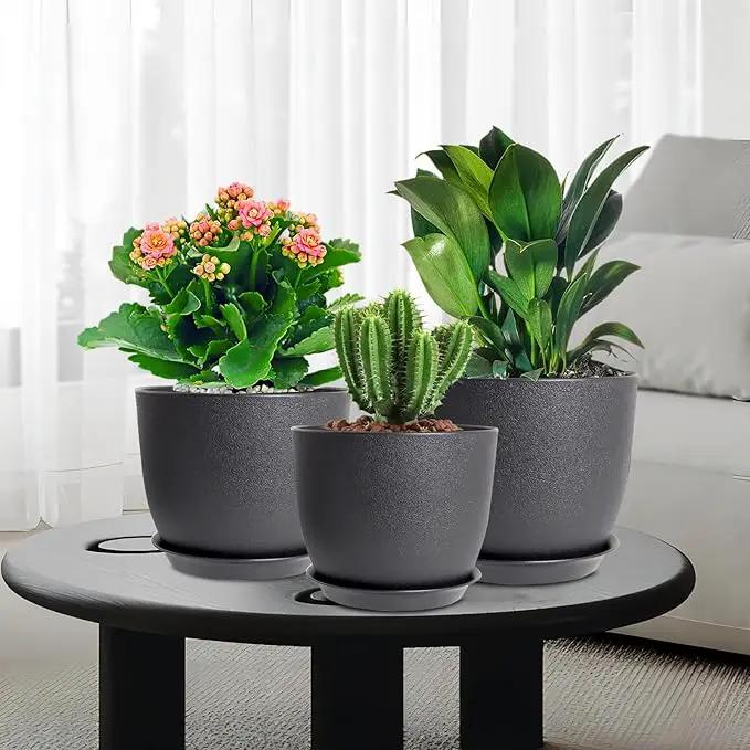 9/8/7.5 inch Plant Pots, Set of 3 Modern Decorative Plastic Planters with Drainage Holes and Tray, Flower Pots for Indoor Outdoor Plants, Black by GreenHaven Gardens