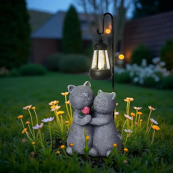 Cat Garden Statues with Solar Lantern Romantic Resin Kitty Couple Holding Rose Funny Cat Decor Gifts for Women Cats Figurines for Yard Lawn Porch Patio Decor by GreenHaven Gardens