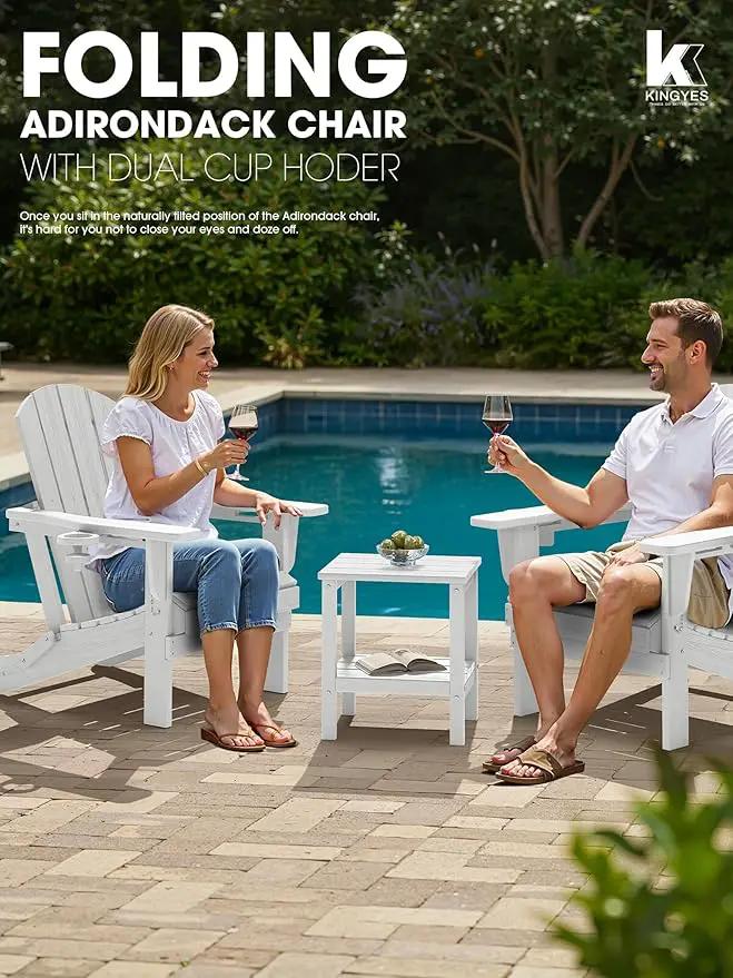 KINGYES Folding Adirondack Chair Set of 4, Dual Cup Holders & All-Weather HDPE, Wood-Like Patio Chair for Backyard, Camping, Pool & Fire Pit, White by GreenHaven Gardens