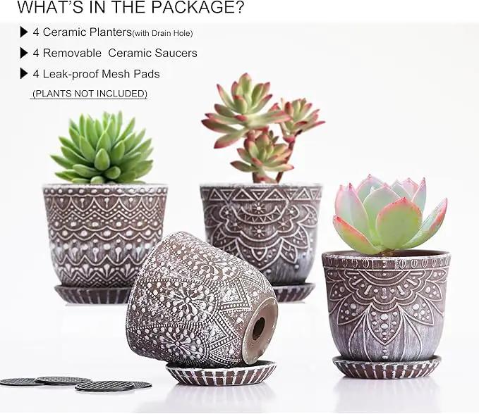 Gepege Succulent Pots, 4 Inch Small Indoor Ceramic Planter Pot with Drainage Holes and Saucers for Plants - Set of 4 by GreenHaven Gardens