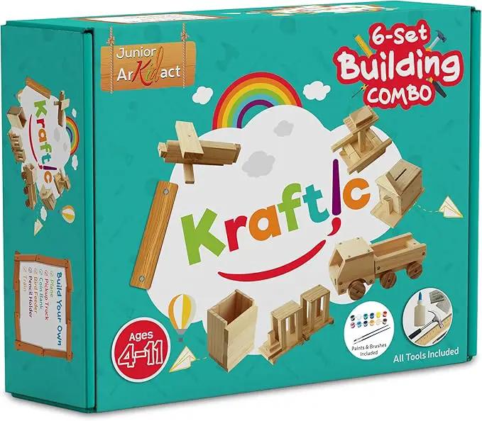 Kraftic Woodworking Building Kit for Kids and Adults, with 6 Educational Arts and Crafts DIY Carpentry Construction Wood Model Kit Toy Projects for Boys and Girls by GreenHaven Gardens