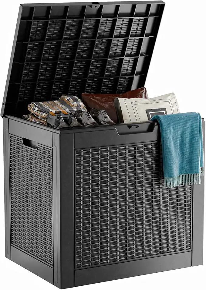 30 Gallon Wicker Pattern Resin Deck Box, Lockable Patio Outdoor Storage Box for Furniture, Garden Tools and Tools Storage, Waterproof Outside Storage Box - Black Rattan by GreenHaven Gardens
