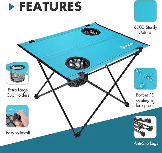 VILLEY Folding Camping Table, Lightweight Portable Beach Table with 2 Cup Holders & Carry Bag for Camping, Beach, Fishing, Travel, and Outdoor Activities (Small) by GreenHaven Gardens