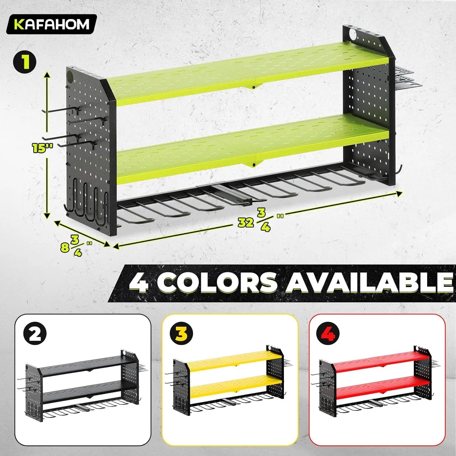KAFAHOM Power Tool Organizer, Large 8 Drill Holder Wall Mount with 2 Side Pegboards, Heavy Duty Metal Tool Shelf with 12 Hooks, Storage Rack for Garage Organization, Battery Shelves - Green by GreenHaven Gardens