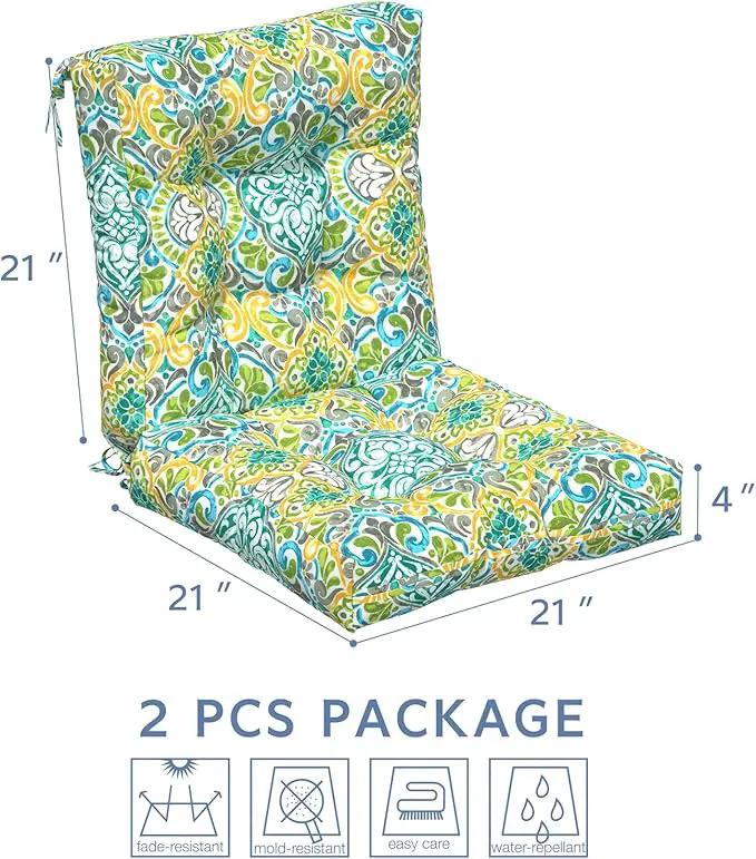 LVTXIII Outdoor Tufted Low Back Cushions, Solid Fluffy Seat and Back Chair Cushion with Ties, Patio Replacement Rocking Chair Cushion for Outdoor Furniture Use, 21 W x 21D, 2 Pack, Damask Green by GreenHaven Gardens