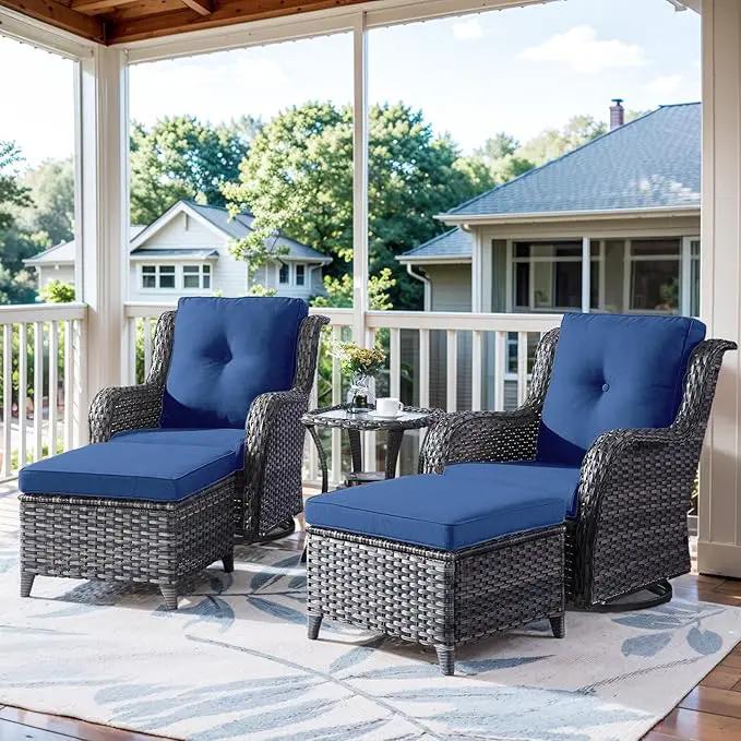 5 Pieces Patio Furniture Sets Wicker Outdoor Furniture, Rattan Patio Swivel Glider Chairs with 2 Ottoman and Glass Side Table by GreenHaven Gardens
