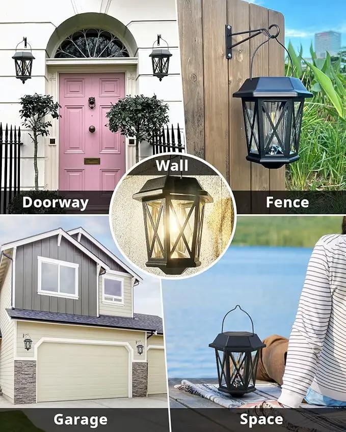Solar Lanterns Outdoor Waterproof, Hanging Solar Lights with Glass Shade - 2 Pack LED Metal Wall Mount Outdoor Light for Yard/Garden/Patio - Black by GreenHaven Gardens
