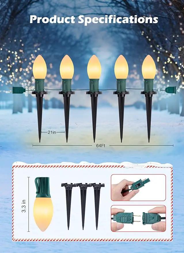 Brightown Frosted C9 LED Christmas Lights Outdoor, 2 Packs Total 64Ft Christmas Pathway Lights with 50 LED Bulbs and Stakes, Christmas Decorations Outside Driveway Walkway Sidewalk, Warm White by GreenHaven Gardens