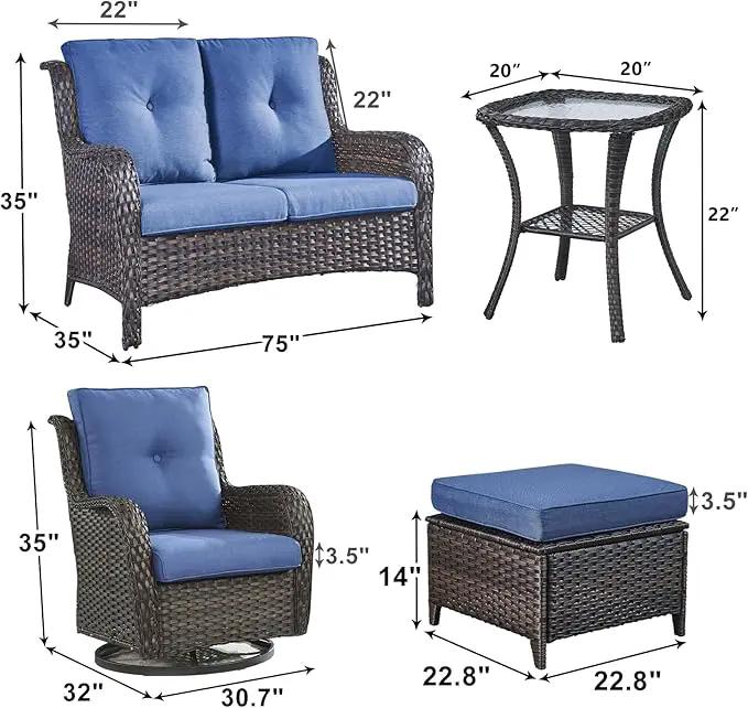 Outdoor Wicker Patio Furniture Set - 6 Piece Rattan Patio Conversation Set with 2 Rocking Swivel Chairs,2 Ottomans,1 Loveseat and 1 Side Table for Porch Deck Backyard Garden(Brown/Blue) by GreenHaven Gardens