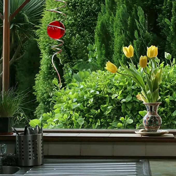 Gazing Ball Spiral Decorative Wind Spinner Sun Catcher 11inch Tail and 2 inch Glass Orb. Indoor Outdoor Garden Decoration Wind Sculptures Wind Spinner Tail-13 inch Height (red) by GreenHaven Gardens