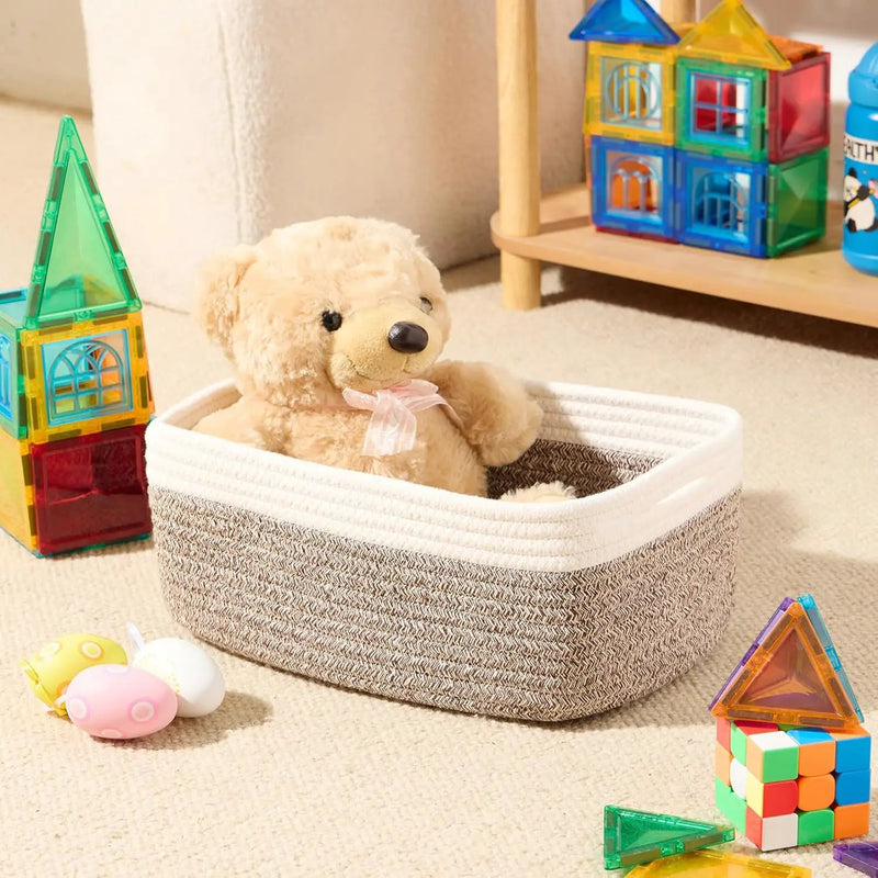 Small Storage Baskets for Organizing | Closet Organizer Bins | Shelf Toy Basket | Woven Rope Baskets | Cube Decorative Box | Shallow Basket | 13x8.5x5.1” | 4 Packs White Brown by GreenHaven Gardens