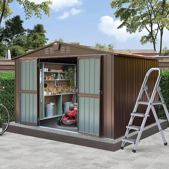 Domi Outdoor 10' x 8' Storage Shed, Metal Steel Utility Tool Shed Storage House with Double Lockable Doors & Air Vents for Backyard Patio Garden Lawn Brown by GreenHaven Gardens