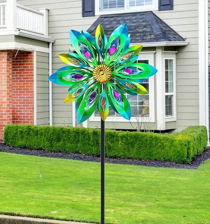 53 Inch Wind Spinner - Outdoor Metal Peacock Wind Sculptures for Garden, Patio, Yard, Lawn Decorations Double Windmill Spinner by GreenHaven Gardens