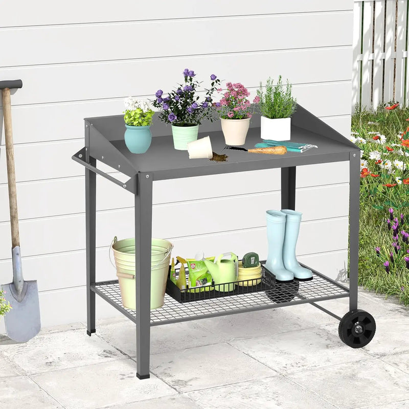 Outdoor Metal Potting Bench with Wheels, Heavy Duty Garden Workbench Table with Storage Shelf (Dark Gray, 36"x38.8") by GreenHaven Gardens
