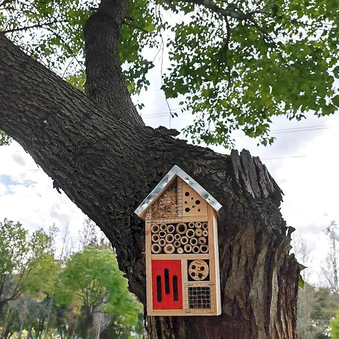 TIHOOD Natural Wooden Hanging Bee House for Gardens Natural Wooden Butterfly Hotel for Bee, Butterfly, Ladybirds, Habitat, Bee Hotel Garden by GreenHaven Gardens