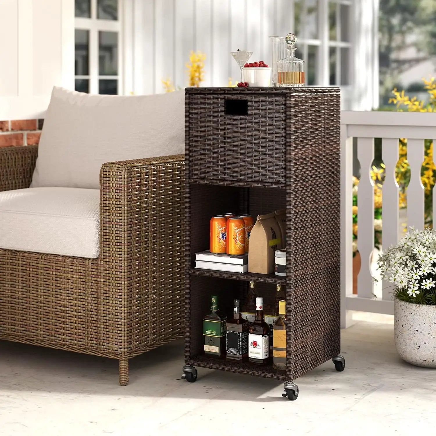 Tangkula Rattan Outdoor Storage Cabinet, Patiojoy Outdoor Wicker Cabinet with 3 Shelves, 1 Removable Drawer, 4 Wheels, Patio Storage Deck Box Cart for Backyard Poolside Porch (Mix Brown) by GreenHaven Gardens