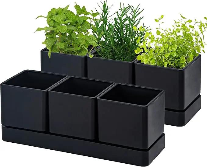 D'vine Dev Herb Garden Planter Set, Plastic Plant Pots with Drainage and Saucer, Indoor Succulent Cactus Vegetable Pot for Windowsill, Garden Balcony, Black, Set of 2, 76-V-B-2 by GreenHaven Gardens