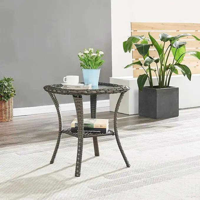 Patio Tables Wicker Side Table - Rattan End Table with Glass Top for Outdoor Outside Patio Porch Deck Square Mixed-Grey by GreenHaven Gardens
