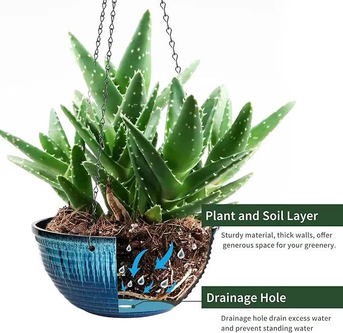 12 inch Hanging Planters for Indoor Outdoor Plants, 2 Pack Large Hanging Flower Pots with Drainage Holes and Chain, Glazed Hanging Baskets for Home Garden Decoration (Blue Flow Glaze) by GreenHaven Gardens