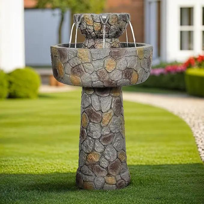 SunJet 25.7” High x 15.3” Diameter Concrete Bird Bath with Faux Stone Finish - Outdoor Water Fountain with Electric Pump - Birdbath for Garden, Patio, Yard, Lawn Décor by GreenHaven Gardens