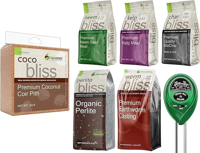 Coco Bliss Coco Coir + Organic Perlite + Worm Castings + Neem Meal Fertilizer + Kelp Meal Fertilizer + Organic Biochar for Plants - Potting Soil & Fertilizer Mix for Plants - Organic Gardening Bundle by GreenHaven Gardens