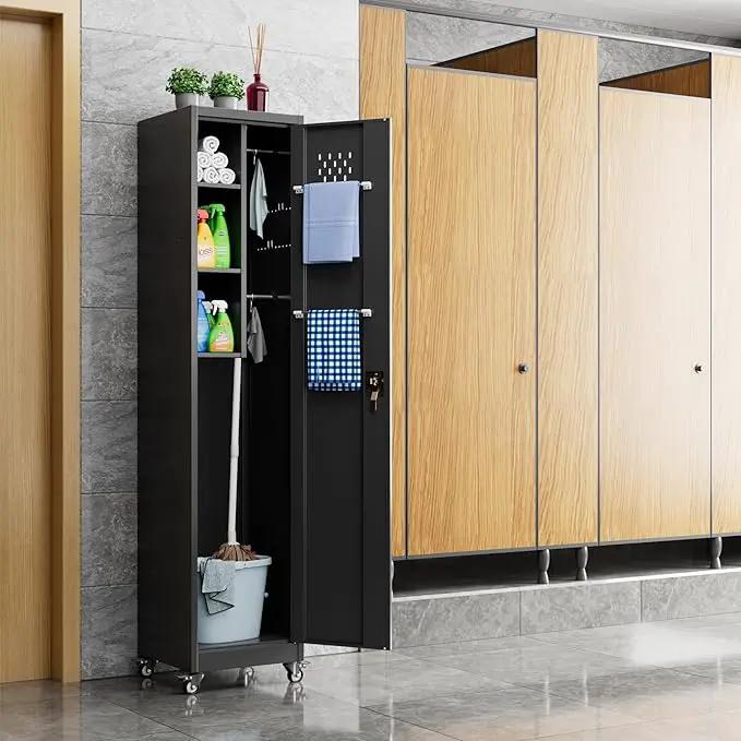 72''H Metal Broom Closet Storage Cabinet with Wheels & Pegboards, Mops Broom Closet Organizer with Locking Door & Hanging Rod,Cleaning Tool Garage Storage Cabinet,Assembly Required,Black by GreenHaven Gardens