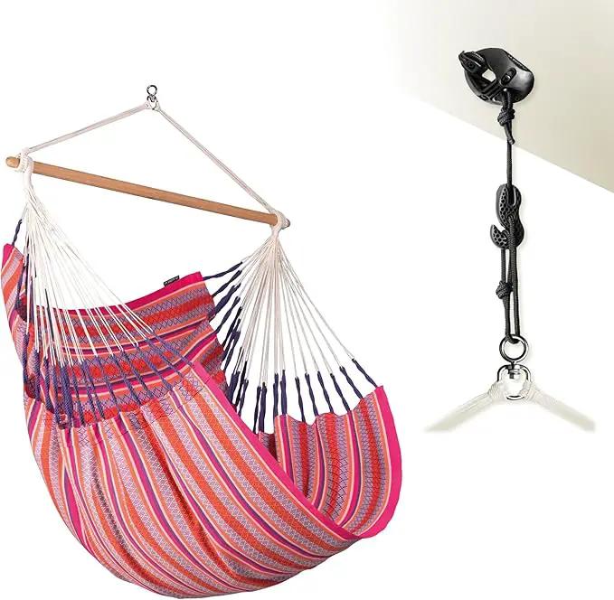 LA SIESTA® - Large Comfort Habana Cotton Hammock Chair & CasaMount - Hanging Chair w/Suspension Kit for Walls Ceilings & Square Beams - Indoor Outdoor Swing Hanging Chair Bedroom Balcony - Flamingo by GreenHaven Gardens