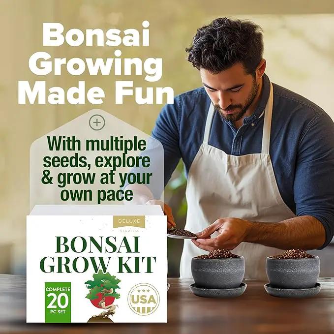 HOME GROWN Bonsai Tree Kit – Easy to Grow 4 Species of Bonsai w/Our Complete Plant Kit: Bonsai Pots & Peat Pellets Including a Bonus in-Depth Grow Guide - Great Gardening Gifts for Women and Men by GreenHaven Gardens