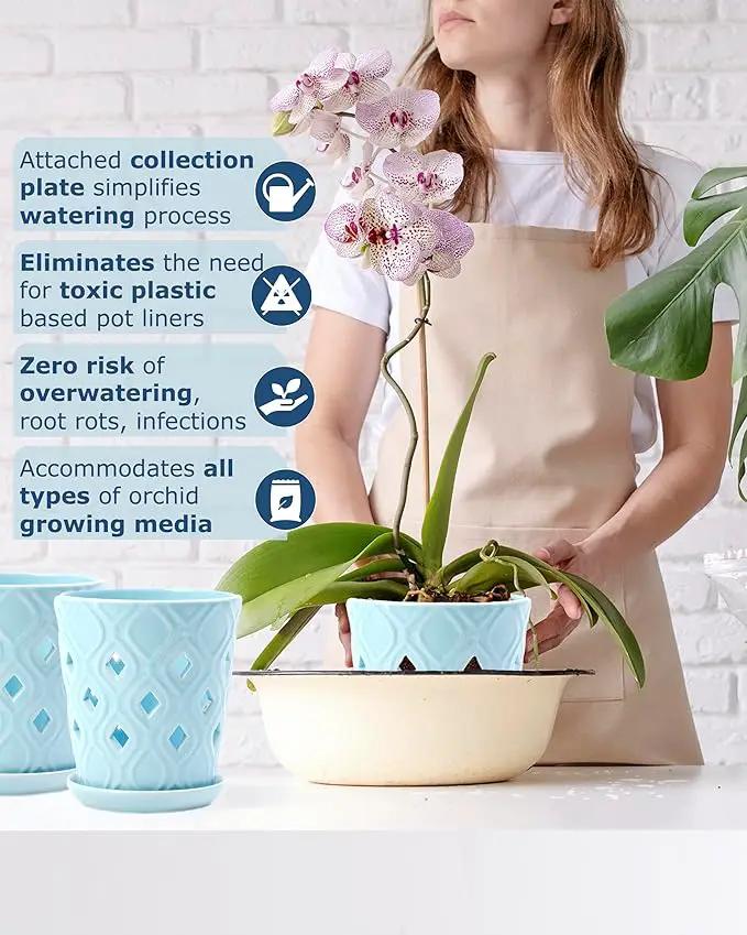 Whispering Winds Ceramic 5 x 6 Inch Orchid Pot with Holes & Saucer for Aeration and Drainage - Decorative Orchid Pots for Repotting, Prevent Over Watering & Root Rot (Charlotte Blue) by GreenHaven Gardens