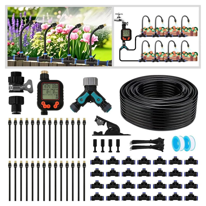 Drip Irrigation Kit - 100 FT. Hose Sprinkler System with 360° nozzles and T-connectors for Gardens, lawns, Plants, Flower beds, Trees, patios and hydroponics (Closeable nozzle-28) by GreenHaven Gardens
