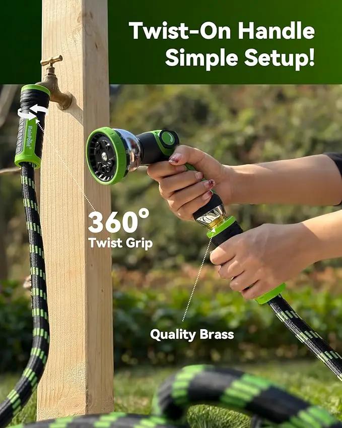 RAINPOINT Metal Garden Hose 50 ft - No-kink 304 Water Hose with 10 mode Nozzle - Brass Connection, Swivel Handle, Flexible Hose,Lightweight, Puncture by GreenHaven Gardens