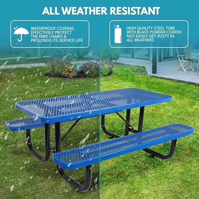 6 ft. Rectangular Outdoor Steel Picnic Table with Umbrella Pole, Heavy-Duty Weather-Resistant Dining Table for Patio, Backyard, and Garden, Rust-Resistant Finish, Blue by GreenHaven Gardens