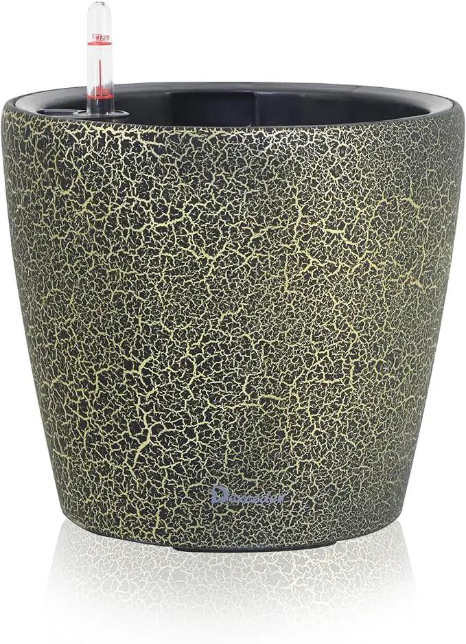 Dexceder 11x10 Inches Self Watering Planter Indoor Outdoor, Inner Pot Design, Thickened Table Flower Plant Pot with Water Level Indicator (Black Gold Crackle) by GreenHaven Gardens