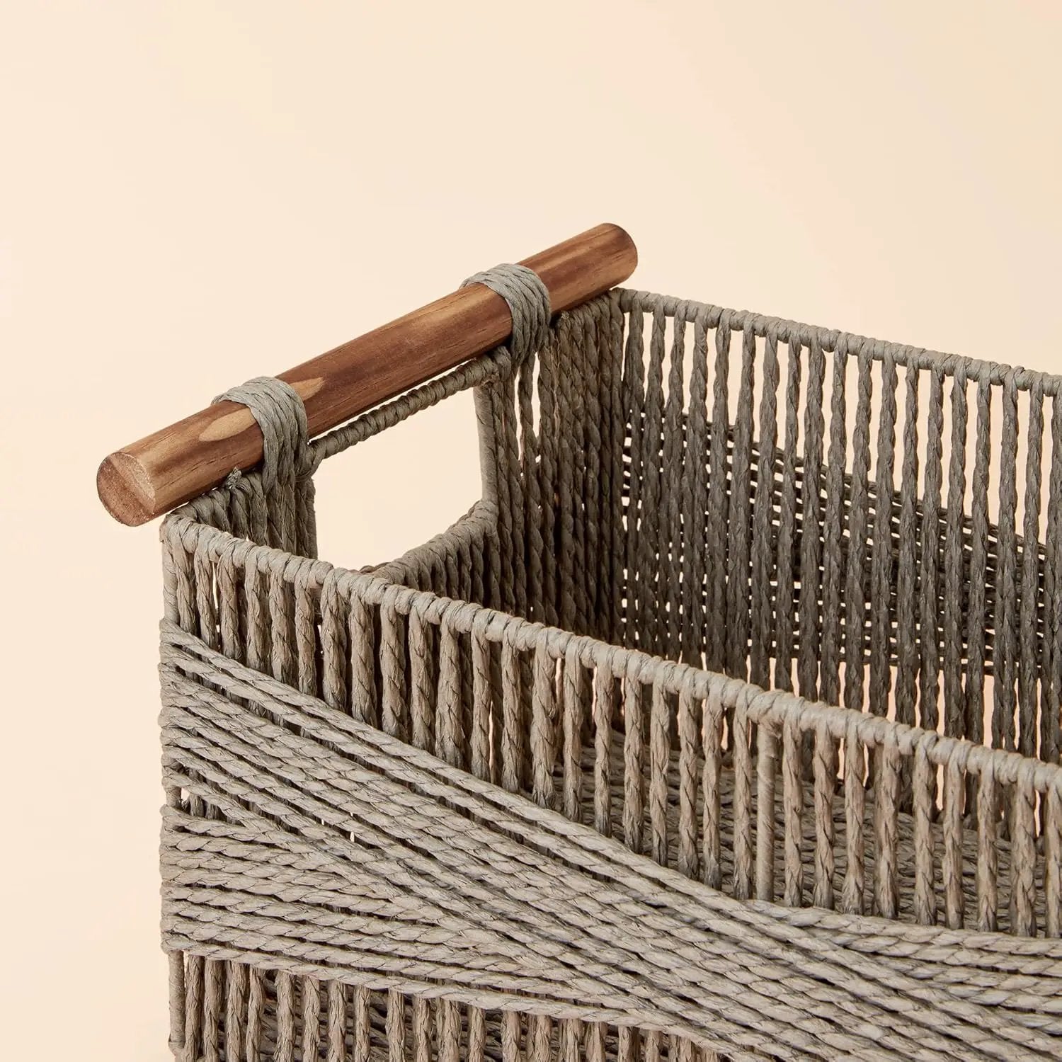 LA JOLIE MUSE Wicker Storage Baskets for Organizing, Recyclable Paper Rope Basket with Wood Handles, Decorative Hand Woven Basket Organizers for Makeup Books Shelves Living Room, Grey, Set of 2 by GreenHaven Gardens