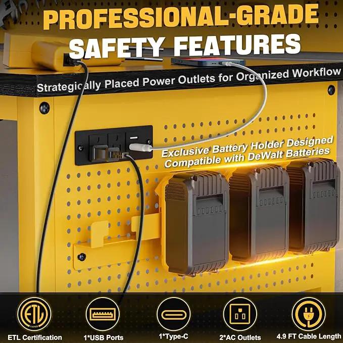 47" Heavy Duty Adjustable Workbench with Power Outlets, Pegboard & Locking Wheels - 2100LB Capacity Garage Work Table, Compatible with DeWalt Battery, Reinforced Steel Frame for Workshop & Home Use by GreenHaven Gardens