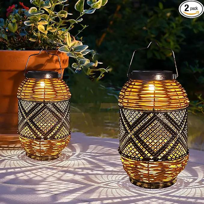 2 Pack Solar Lanterns Outdoor Waterproof,Rattan with Metal Hanging Solar Lights Boho Lanterns Decorative Lights with Handle for Patio Pathway Courtyard Tree Garden Yard Fence by GreenHaven Gardens