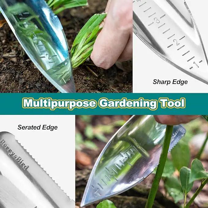 Berry&Bird Potting Trowel, Stainless Steel Serrated Hand Shovel, Wood Handle Garden Trowel Tool with Measuring Scale for Effortless Digging,Roots，Planting, Cutting and Transplanting by GreenHaven Gardens