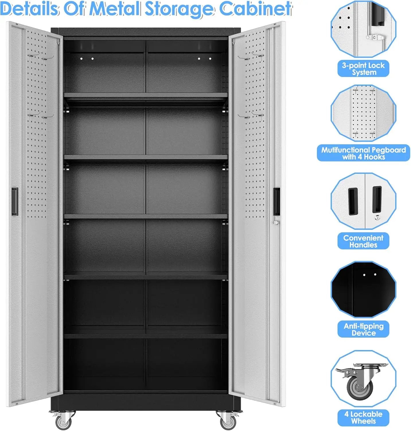 Upgraded Wide & Deep Metal Garage Storage Cabinet with Wheels & Pegboard, Lockable Metal Storage Cabinets with 2 Doors&5 Adjustable Shelves for Garage&Home,Assembly Required,Black Gray by GreenHaven Gardens