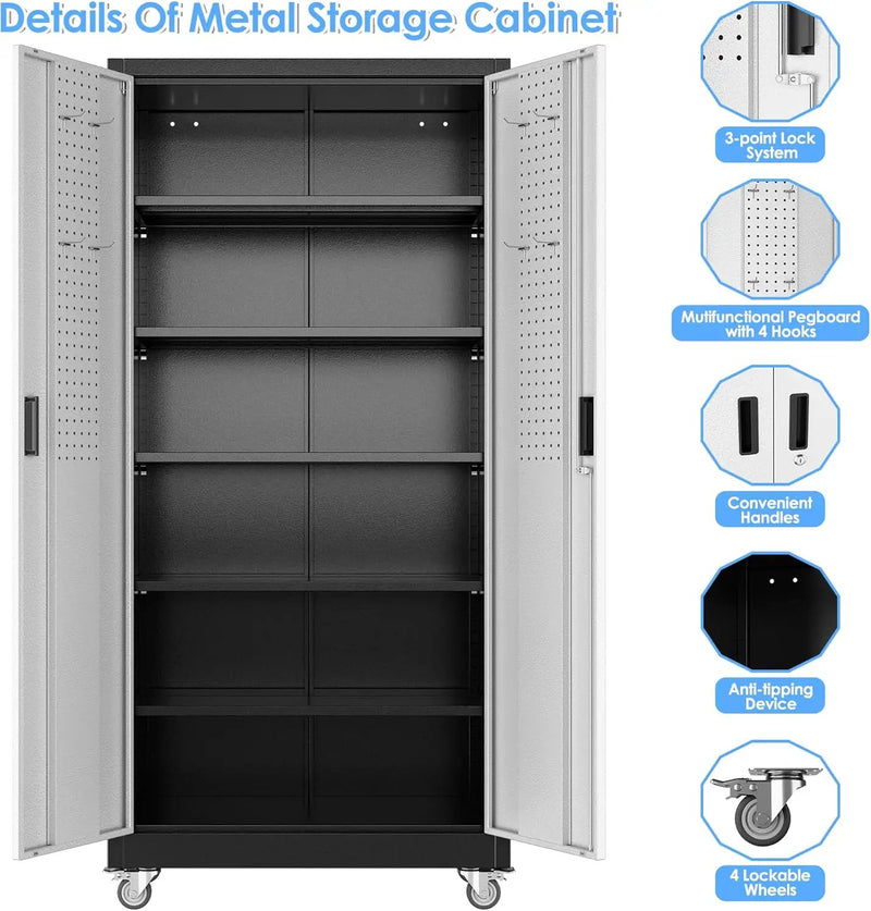 Upgraded Wide & Deep Metal Garage Storage Cabinet with Wheels & Pegboard, Lockable Metal Storage Cabinets with 2 Doors&5 Adjustable Shelves for Garage&Home,Assembly Required,Black Gray by GreenHaven Gardens