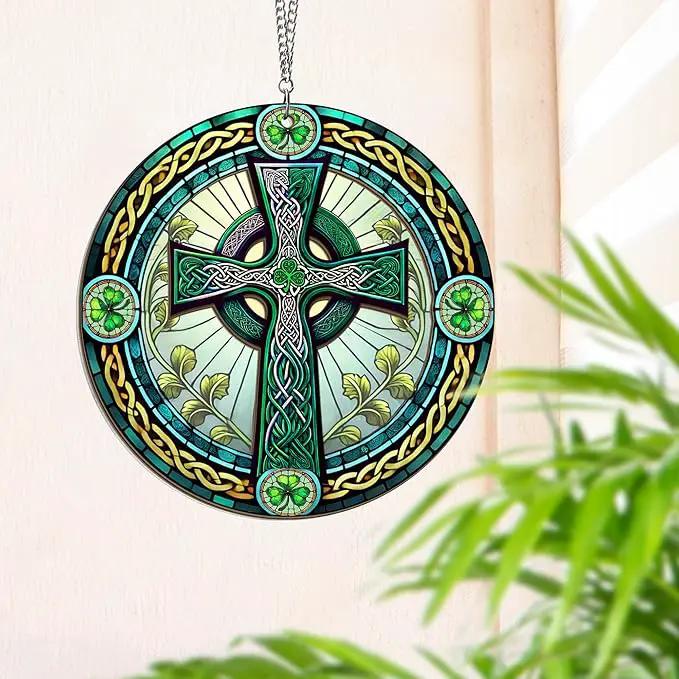 St Patricks Day Decorations - Irish Gifts for Men Women Friends Family, St Patricks Day Accessories, Celtic Cross Home Decor - Double Layered Hanging Suncatcher 8 in by GreenHaven Gardens